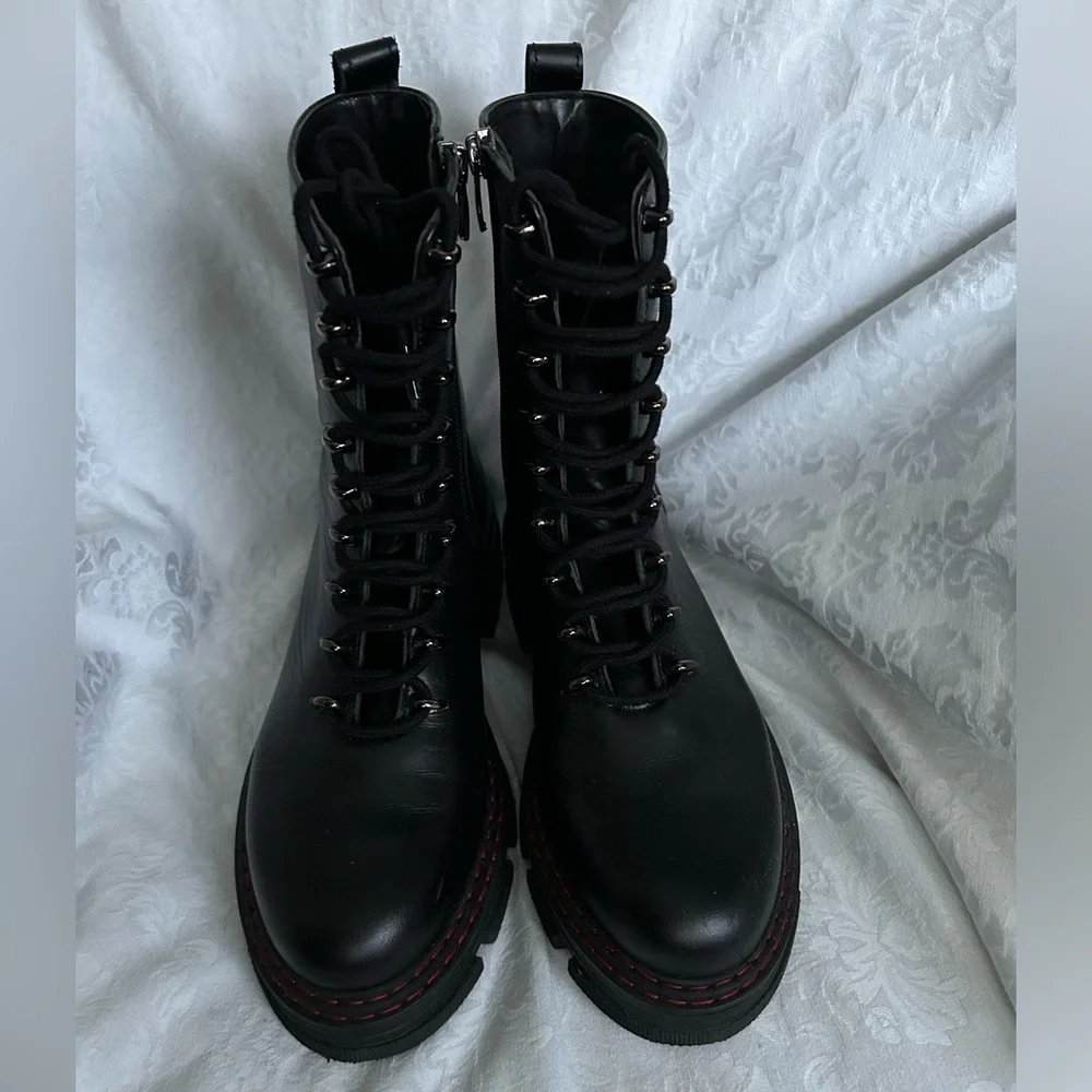 Kurt Kieger Black Leather Combat Boot with Red Stitching - Women